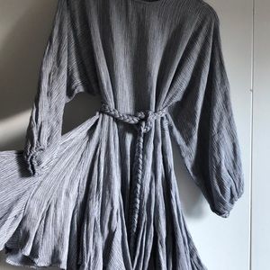 Blue and white stripe long sleeve rope tie dress